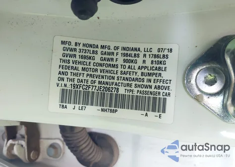 2018 Honda Civic Ex z USA, uszkodzony, nr VIN 19XFC2F77JE206278